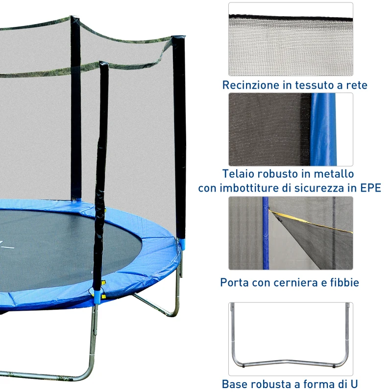 Homcom Trampolino Elastico con Rete Sicurezza e Pali Imbottiti per Adulti e Bambini Φ244 x 205 cm