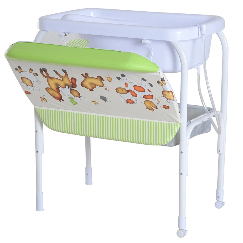 HOMCOM Fasciatoio Bambini con Vaschetta Bagnetto Portatile con Portaoggetti in Plastica Verde 81x53x102cm