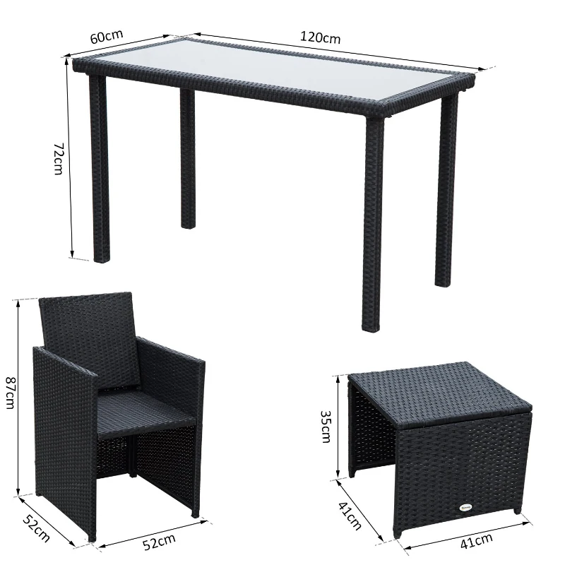 Outsunny Set Mobili da Giardino in PE Rattan Tavolo 2 Sedie 2 Poggiapiedi con Cuscini, Nero