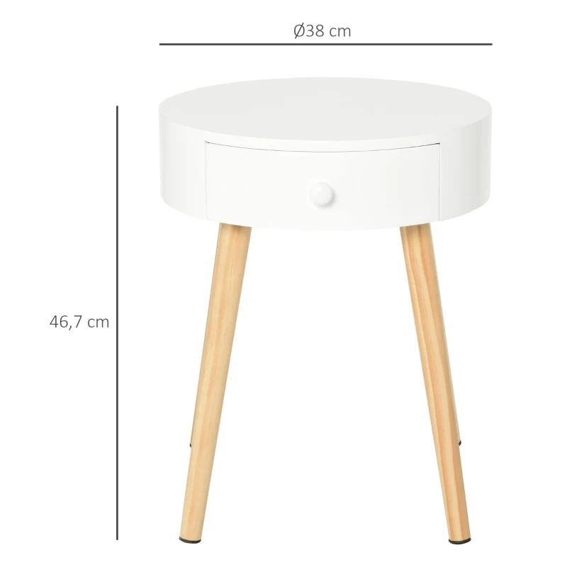 Homcom Comodino Rotondo e Salvaspazio in Legno Bianco con 1 Cassetto Φ38x46.7cm
