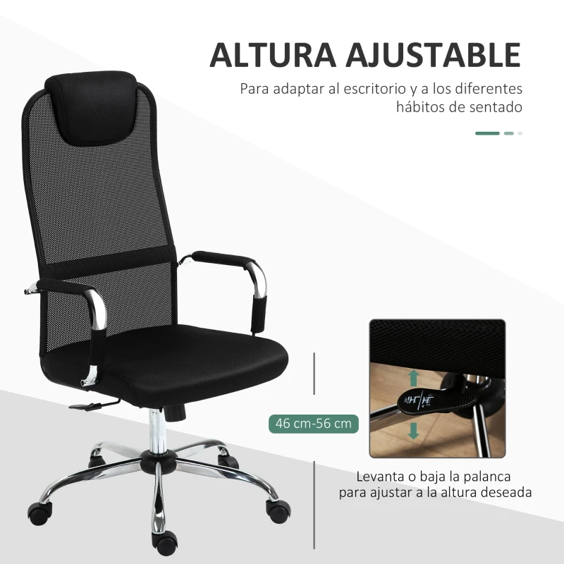Vinsetto Silla de Oficina Ergonómica Silla de Escritorio Basculante y Giratoria con Altura Ajustable del Asiento con Reposacabezas y Respaldo Alto Malla 65,5x62,5x117-127 cm Negro