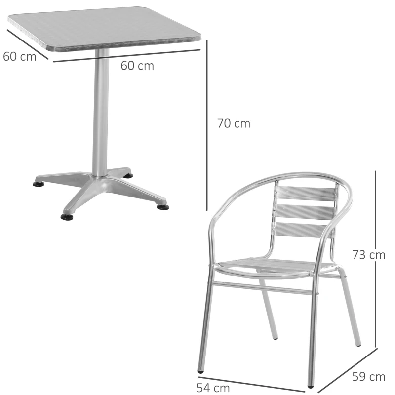Outsunny Set Tavolino e Sedie da Giardino da 3 Pezzi, Arredamento da Giardino in Alluminio e Acciaio Inox, Argento