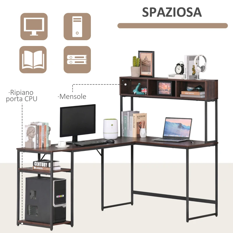 HOMCOM Scrivania Angolare con Libreria e Mensola per PC in Stile Industriale, Legno e Metallo 170x120x140cm, Noce e Nero