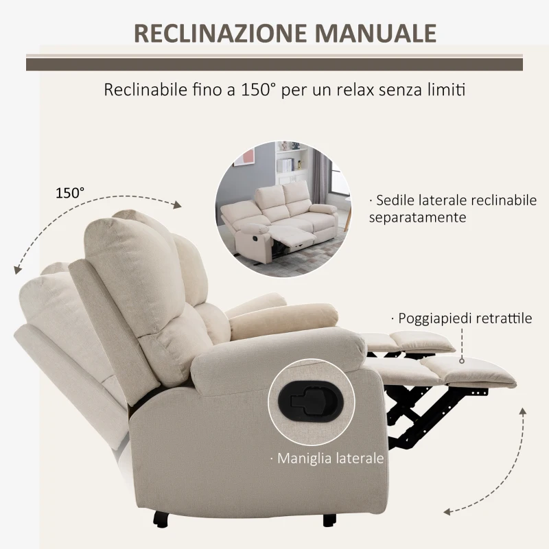 HOMCOM Divano 3 Posti con 2 Sedute Reclinabili e Poggiapiedi Integrato, Rivestimento in Tessuto Beige, 187x92x97cm