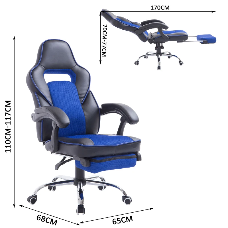 HOMCOM Sedia da Ufficio Scrivania Poltrona da Gaming Ergonomica Reclinabile con Poggiapiedi e Rotelle in Ecopelle PU Nero e Blu