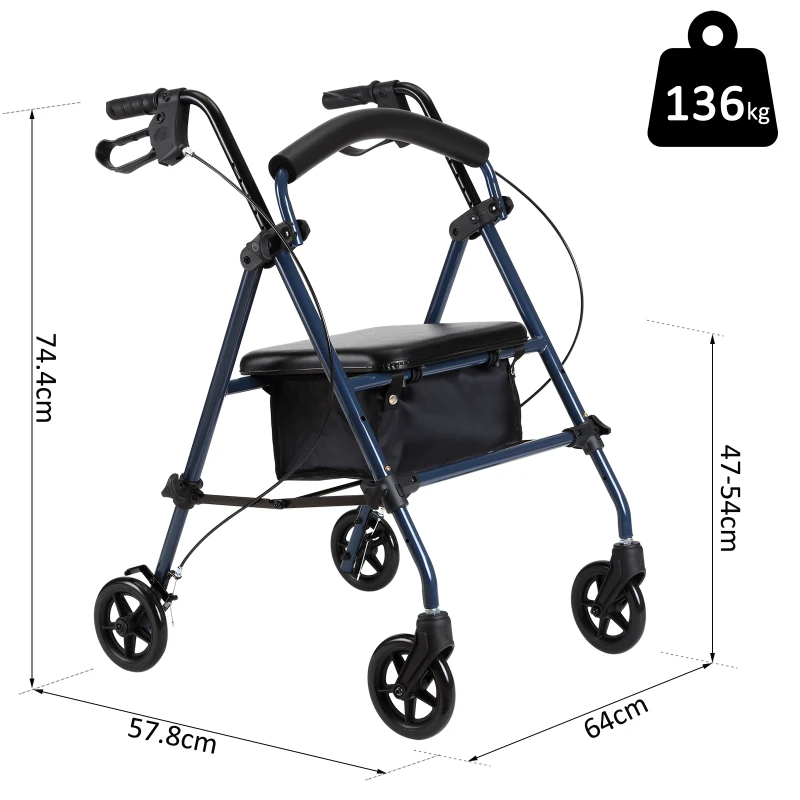 HOMCOM Deambulatore Regolabile Pieghevole con 4 Ruote Per Anziani e Disabili 64x57.8x74.4cm Nero e blu