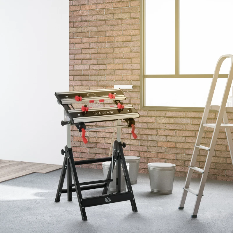HOMCOM Banco de Trabajo Plegable con Altura Ajustable Tableros Regulables en Ancho y Distancia Carga Máx.100 kg 60x59x77-107 cm Negro y Plata