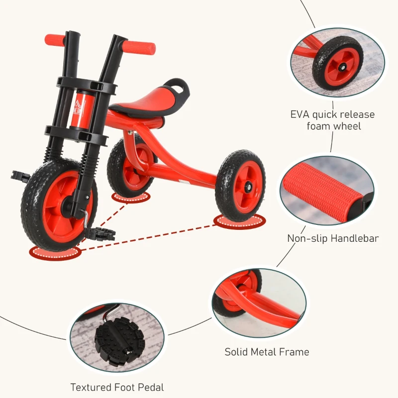 HOMCOM Triciclo per Bambini 3-6 Anni (Max. 25 kg) Rosso e Nero con Pedali e Sellino Regolabile, 73 x 48 x 56 cm