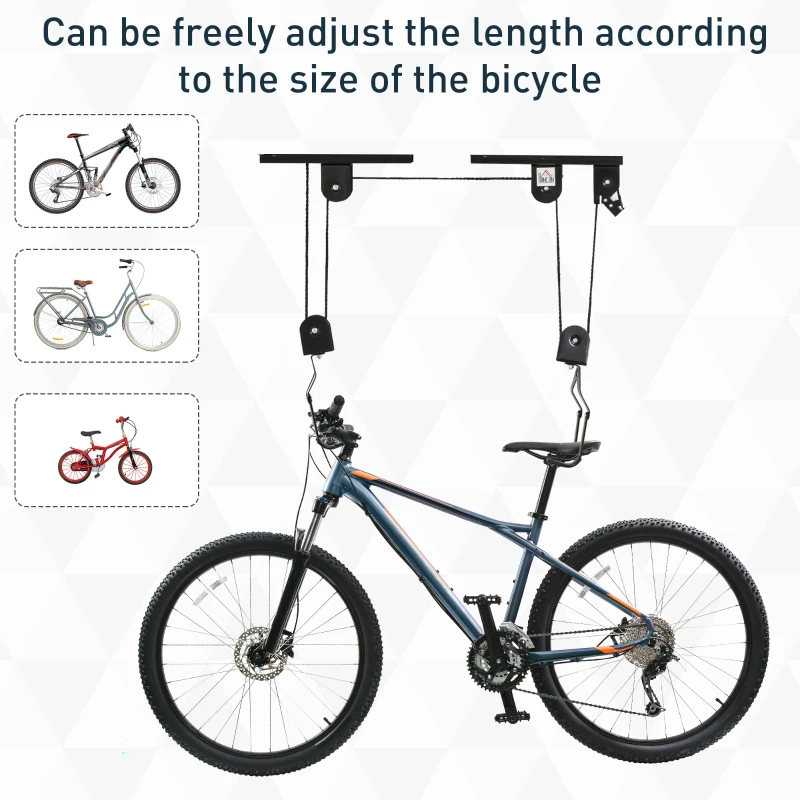HOMCOM Supporto per Bici a Soffitto, Appendi Bicicletta a Parete con Puleggia e Ganci in Acciaio, Max. 20kg, Nero