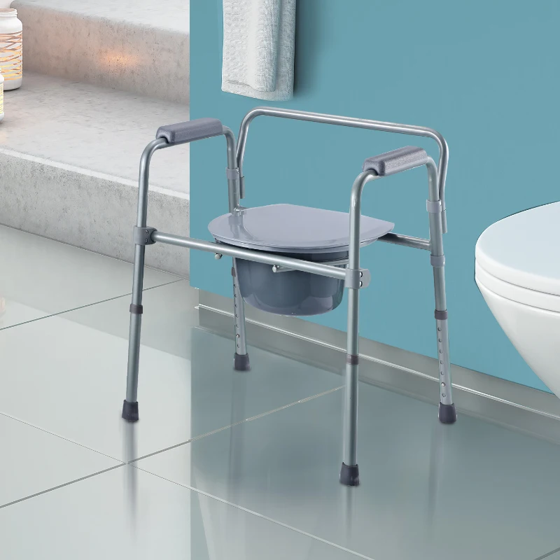 HomCom Sedia WC Comoda Altezza Regolabile in Tubi di Ferro, Grigio, 53.3x56.5x60-74.5cm