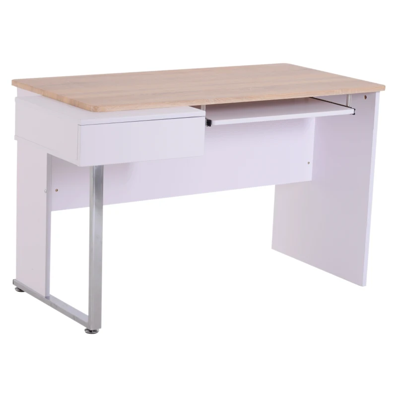 HOMCOM Scrivania Porta PC Superficie Ampia con Ripiano per Tastiera e 1 Cassetto Piedini Antiscivolo Regolabili MDF e Acciaio 130x70x75,5cm Max:30kg