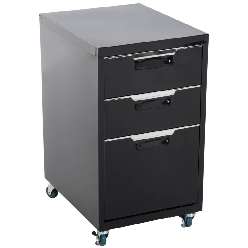 Vinsetto Cassettiera Comodino Ufficio con Ruote 3 Cassetti per Scrivania 39.5 × 50 × 70cm Nero