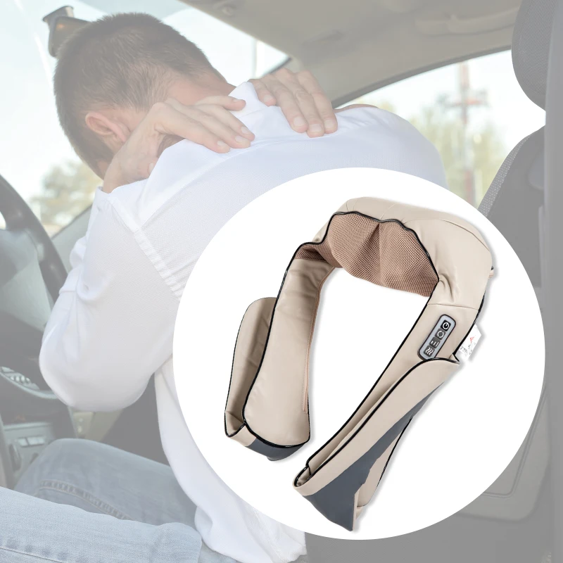 HOMCOM Massaggiatore Elettrico Ergonomico 8 Nodi 2 Direzioni 3 Livelli di Velocità Funzione di Riscaldamento Ecopelle, Maglia Beige, Grigio 120×35×15cm