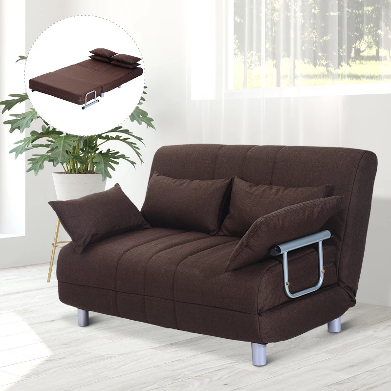 HOMCOM Divano Letto Matrimoniale in Acciaio e Tessuto di Poliestere con 4 Cuscini, Marrone