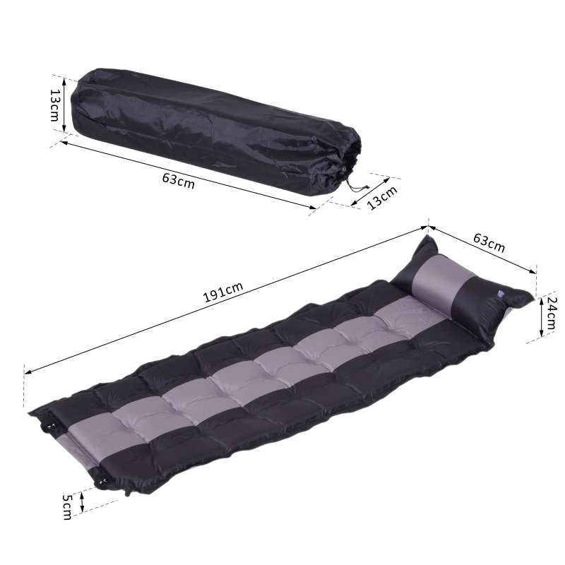 Outsunny Materassino Gonfiabile da Campeggio con Cuscino Ergonomico PVC 191x63x5cm Nero, Grigio