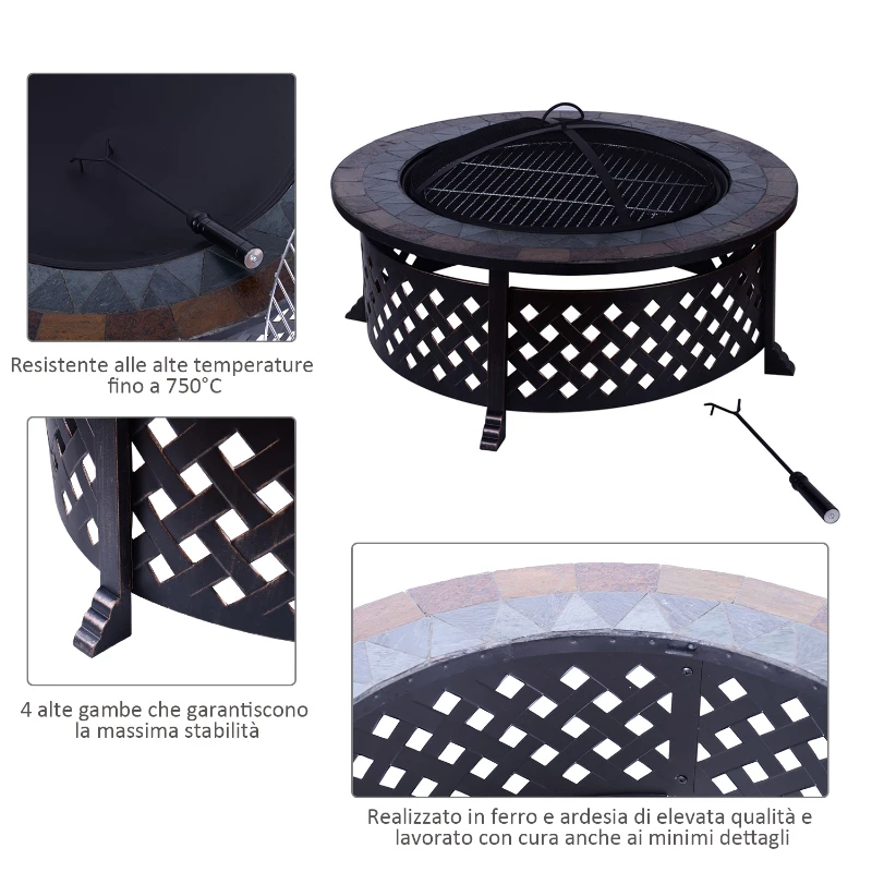 Outsunny Braciere a Carbone per Barbecue Riscaldamento da Giardino con Griglia Coperchio Attizzatoio in Ferro