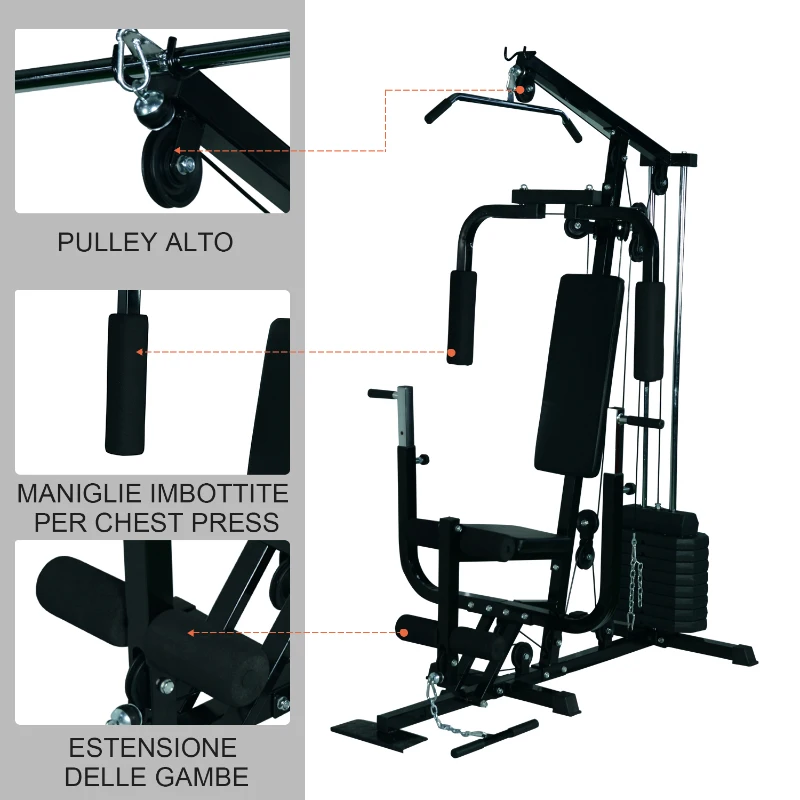HOMCOM Stazione Multifunzione Professionale per Allenamento Upper & Lower Body, in Acciaio e PVC, Nero, 156x113x205cm