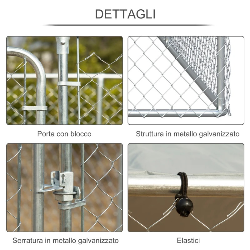 PawHut Kennel per Cani in Metallo con Copertura in Tessuto e Porta con Blocco, Recinto per Animali 400x230x232cm Argento