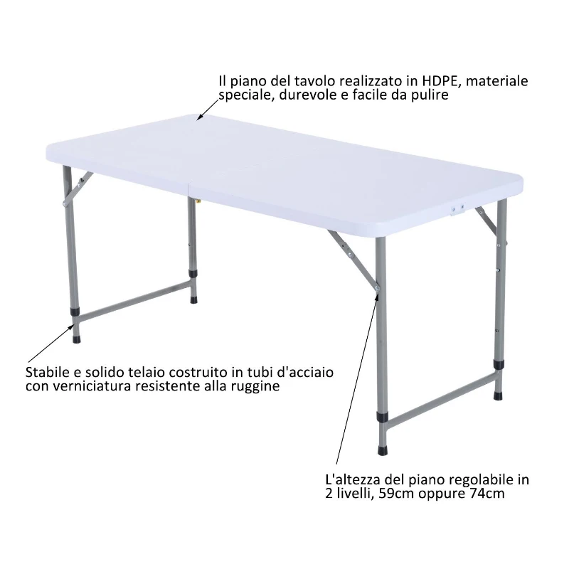 Outsunny Tavolo Richiudibile a Valigetta per Campeggio e Picnic in Polietilene, Bianco, 122x61x59/74cm