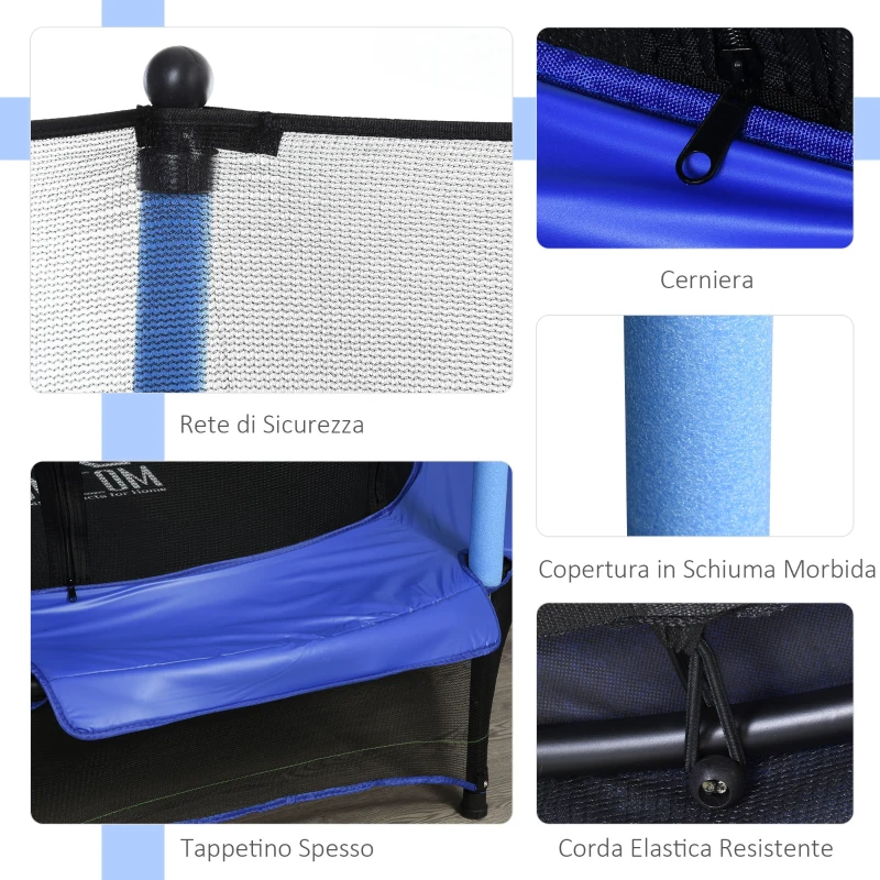 Homcom Trampolino Elastico con Rete di Sicurezza, Nero e Blu, Φ 140 x 158 cm