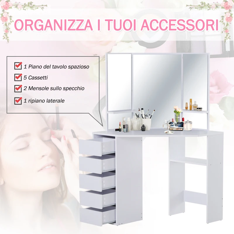 HOMCOM Postazione Trucco con 3 Specchi Pieghevoli, Tavolo Makeup in Legno Bianco con 5 Cassetti - 111x56.2x141.3cm