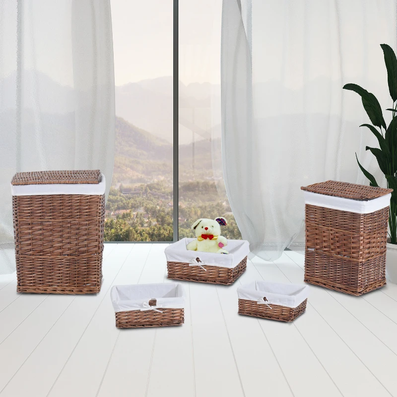 HOMCOM Set di Contenitori Portaoggetti in Vimini 5 Pezzi con Fodera Rimovibile e Lavabile