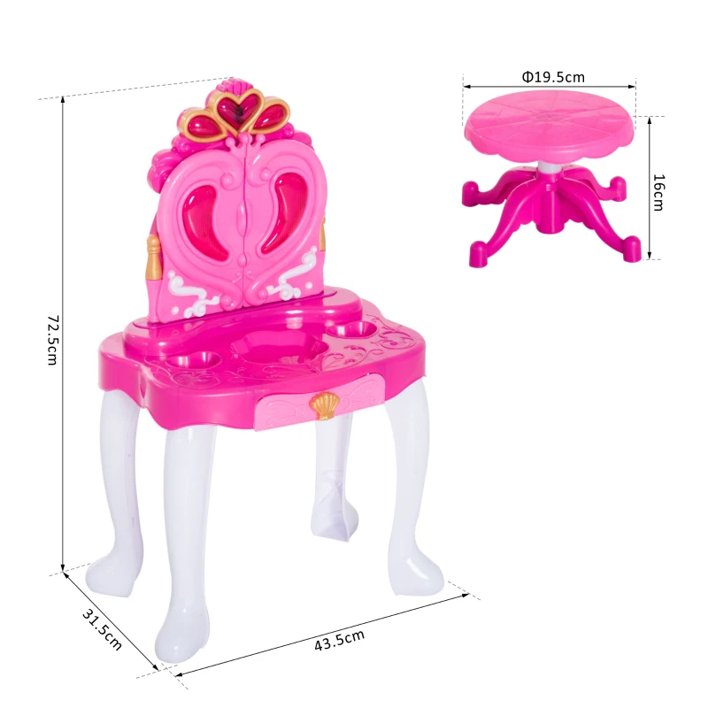 HOMCOM Tavolo da Trucco con Sgabello Specchiera per Bambina con Luci e Musica 43.5x31.5x72.5cm Rosa