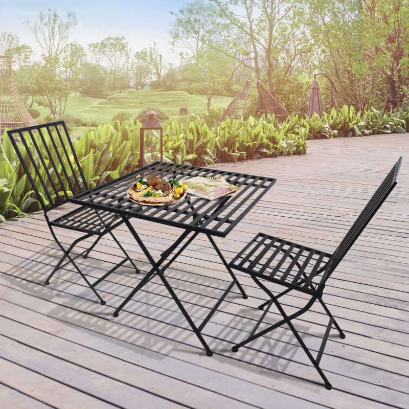 Outsunny Set Mobili da Giardino 1 Tavolo e 2 Sedie Pieghevole in Mettallo 70 x 70 x 70 cm Nero