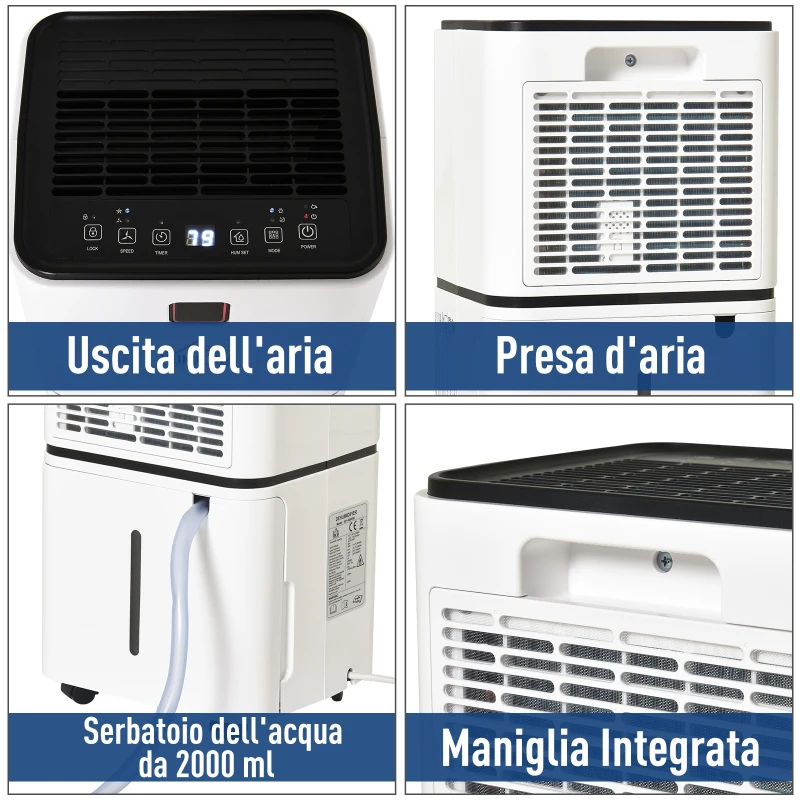 HOMCOM Deumidificatore Ambiente con Display per Ambienti 15-25㎡, Serbatoio 2000ml, Spegnimento automatico, deumidificazione di max. 12 litri/24h，in ABS Bianco