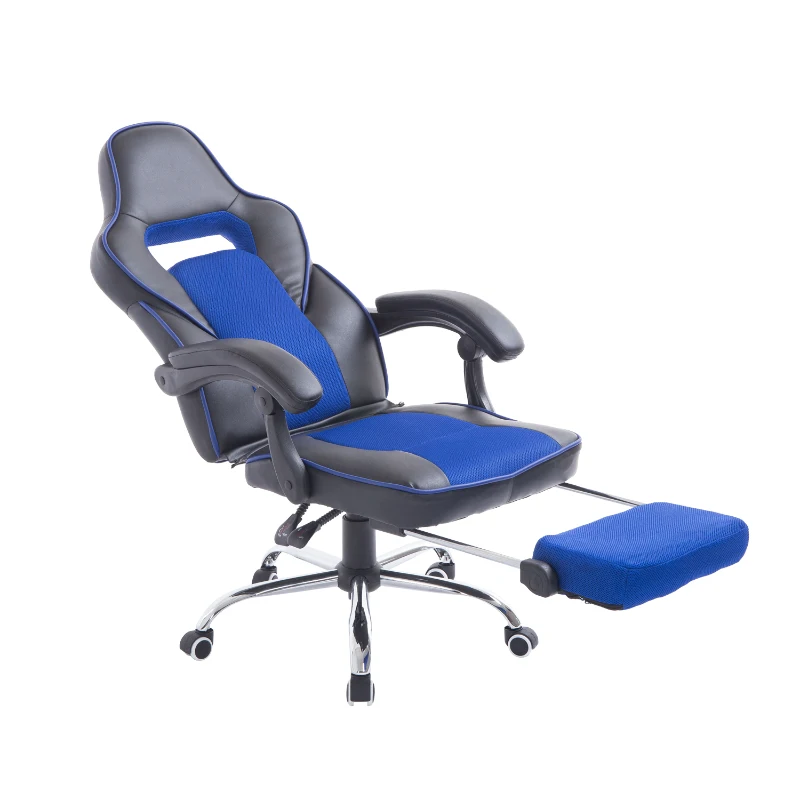 HOMCOM Sedia da Ufficio Scrivania Poltrona da Gaming Ergonomica Reclinabile con Poggiapiedi e Rotelle in Ecopelle PU Nero e Blu