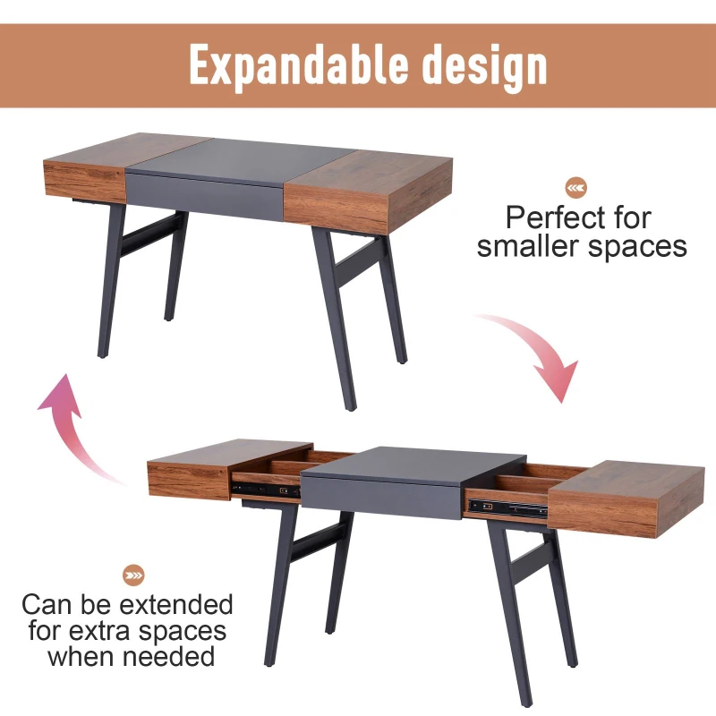 HOMCOM Scrivania Allungabile Tavolo in Legno e Acciaio Design Moderno con Scompartimenti Nascosti 60x76x130-190cm
