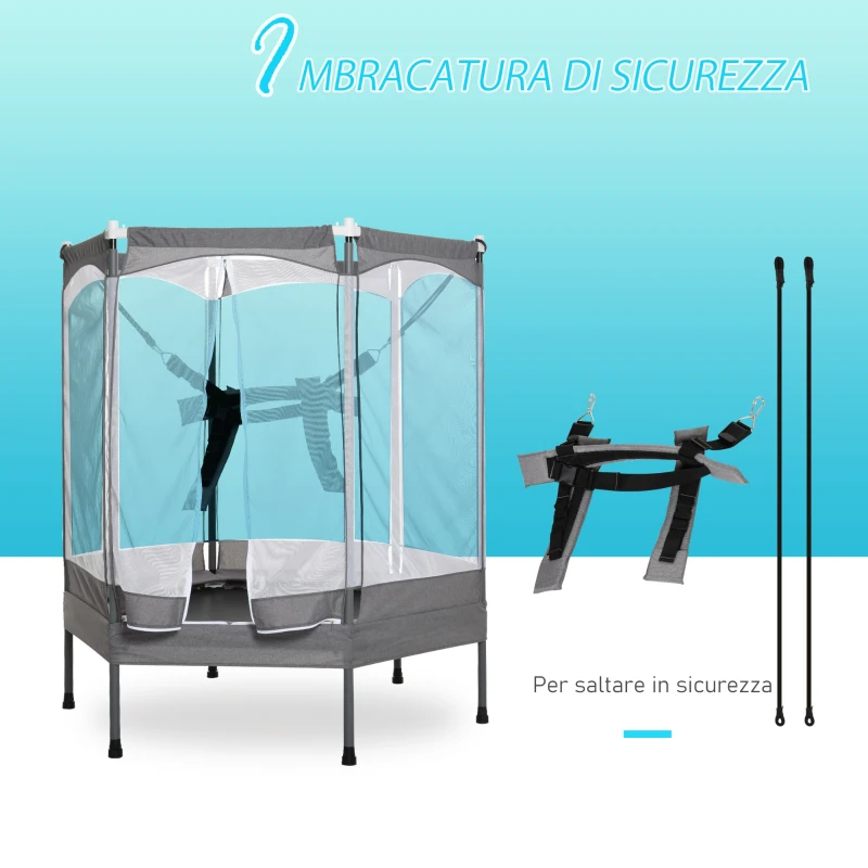 HOMCOM Trampolino Tappeto Elastico per Bambini per Interni ed Esterno, Rete di Sicurezza e Imbracatura