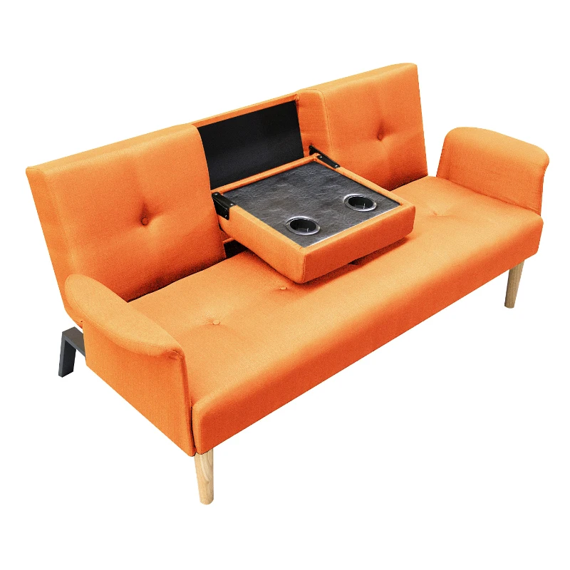 HOMCOM Divano Letto Matrimoniale Divano a 3 Posti con Funzione Tavolino in Tessuto di Lino Arancione, 190 x 85 x 79cm