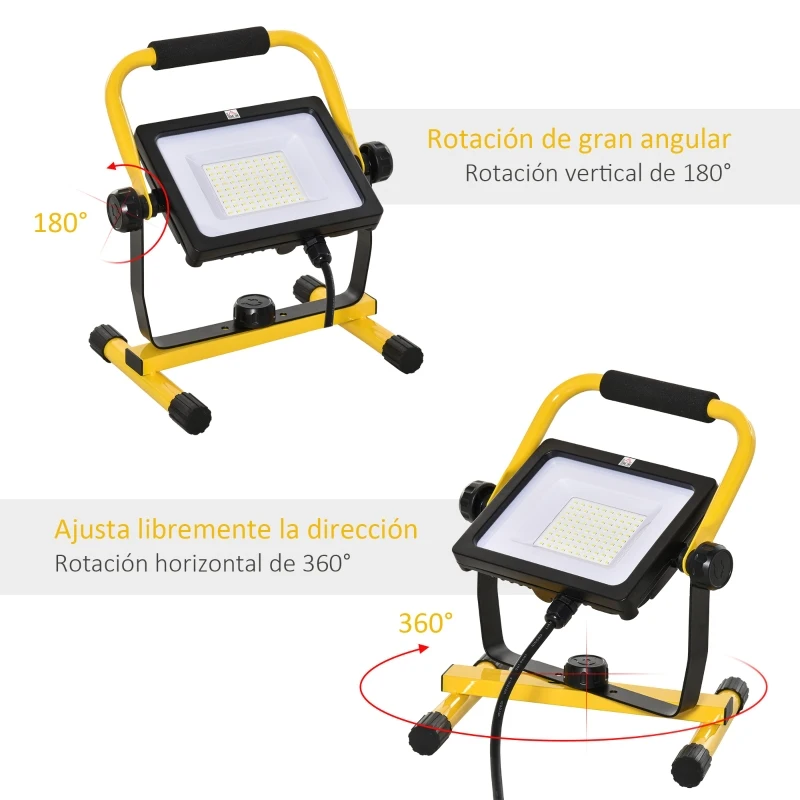 HOMCOM Foco de Trabajo LED 50W Luz de Trabajo Portátil 360° Giratorio Impermeable IP65 Iluminación 5000-6000 Lúmenes 5000K Blanco Frío para Taller Garaje Camping 27x19x32 cm