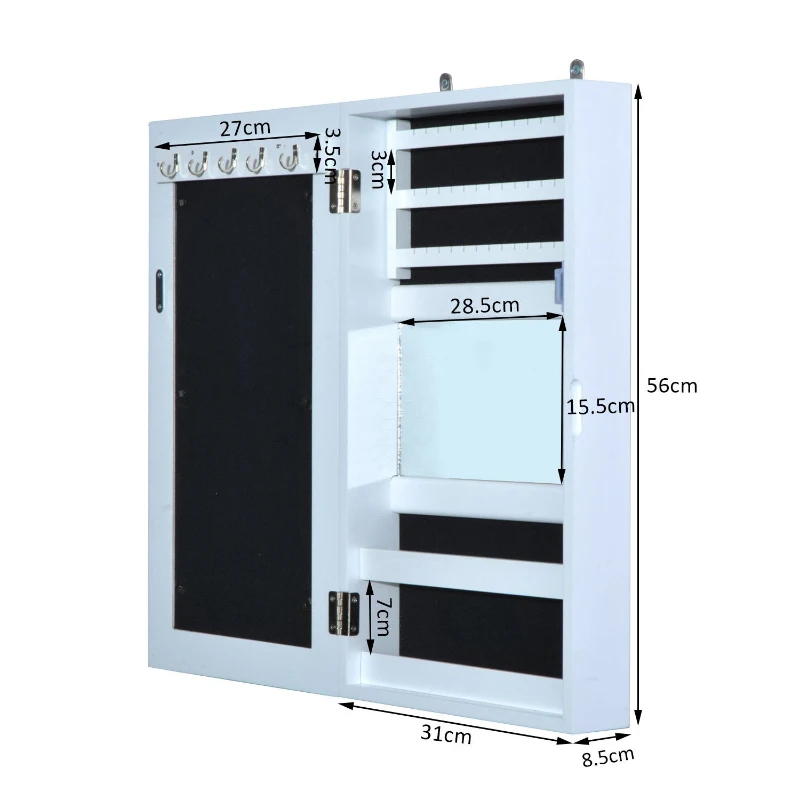 HomCom Armadio Portagioie con Specchiera da Parete in Legno, Bianco, 31x56x8.5cm