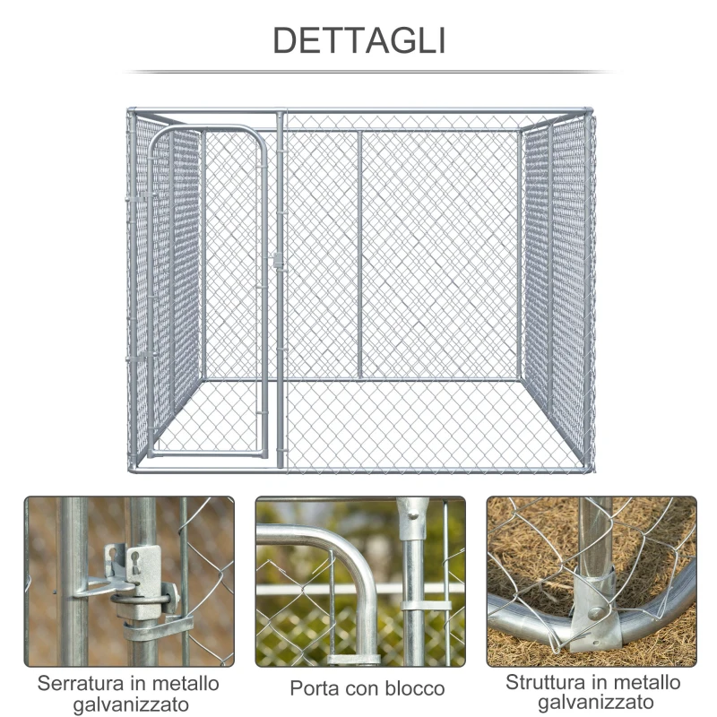 PawHut Kennel per Cani da Esterno in Metallo Galvanizzato e Porta con Blocco, Recinto per Animali 400x230x182cm Argento