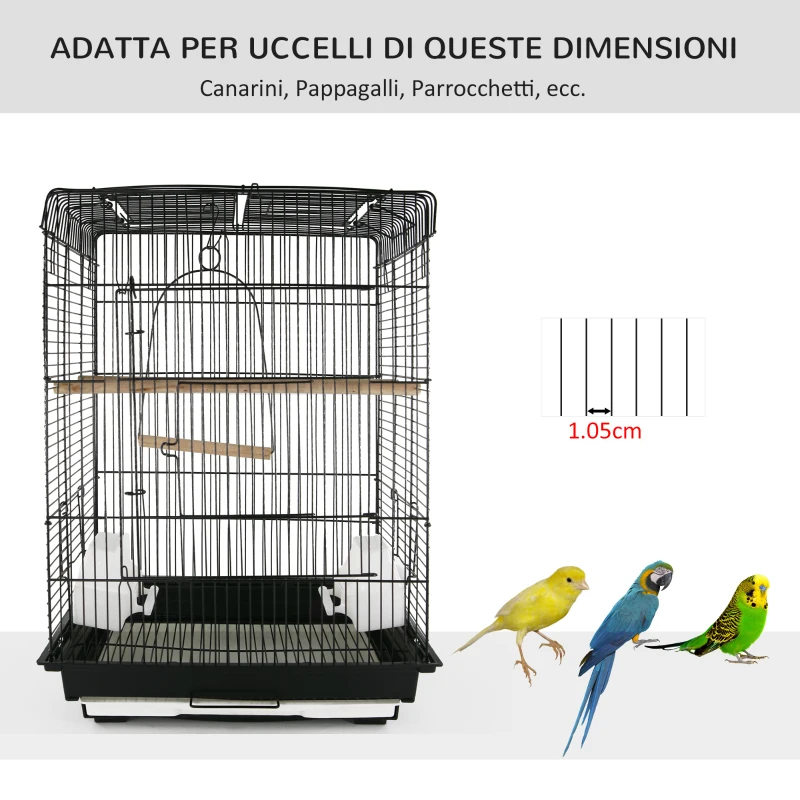 PawHut Voliera Gabbia per Uccelli da Interno Esterno Tetto Apribile con Posatoio 2 Contenitori per Alimenti in Metallo 41.5x29.5x56.5cm