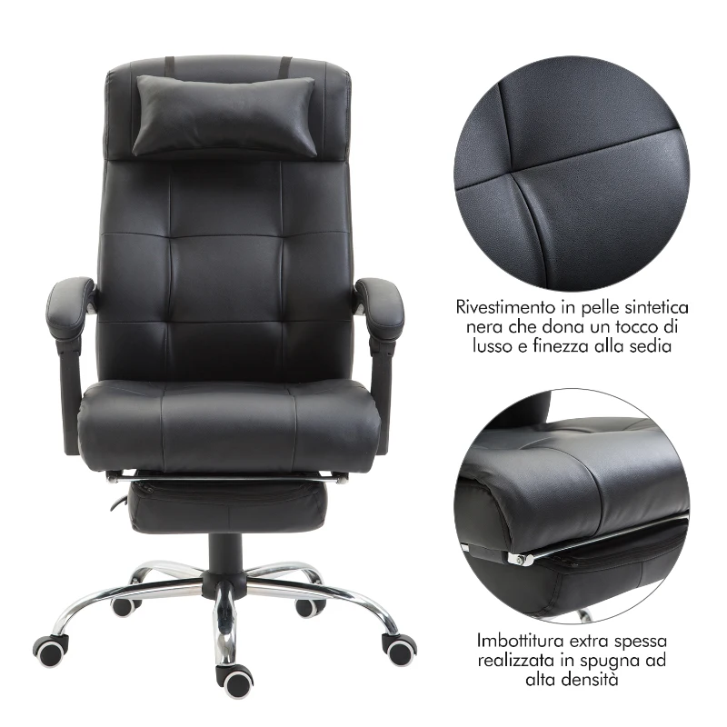 HOMCOM Sedia da Ufficio Ergonomica Girevole Poltrona Presidenziale Reclinabile con Poggiapiedi Estraibile 64.5×66.5×114-124cm Nero