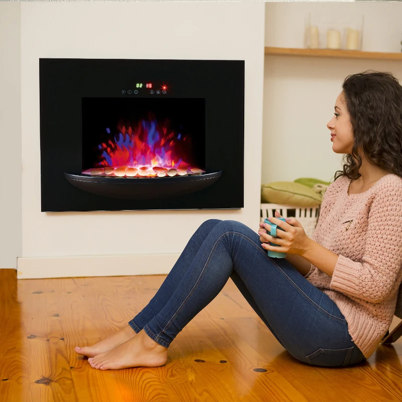 HOMCOM Camino Elettrico a Parete Potenza 900W /1800W con Timer in Ferro e Vetro Temperato 66 × 52 × 15.5cm Nero