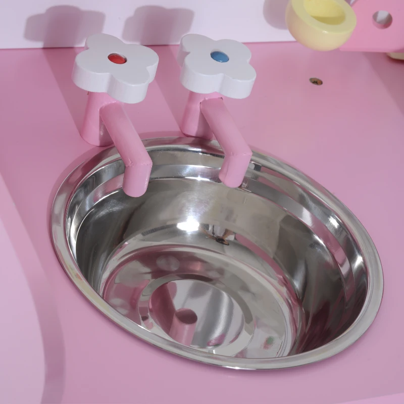 HomCom Cucina Giocattolo per Bambini in Legno con Accessori, Rosa, 60x30x62cm
