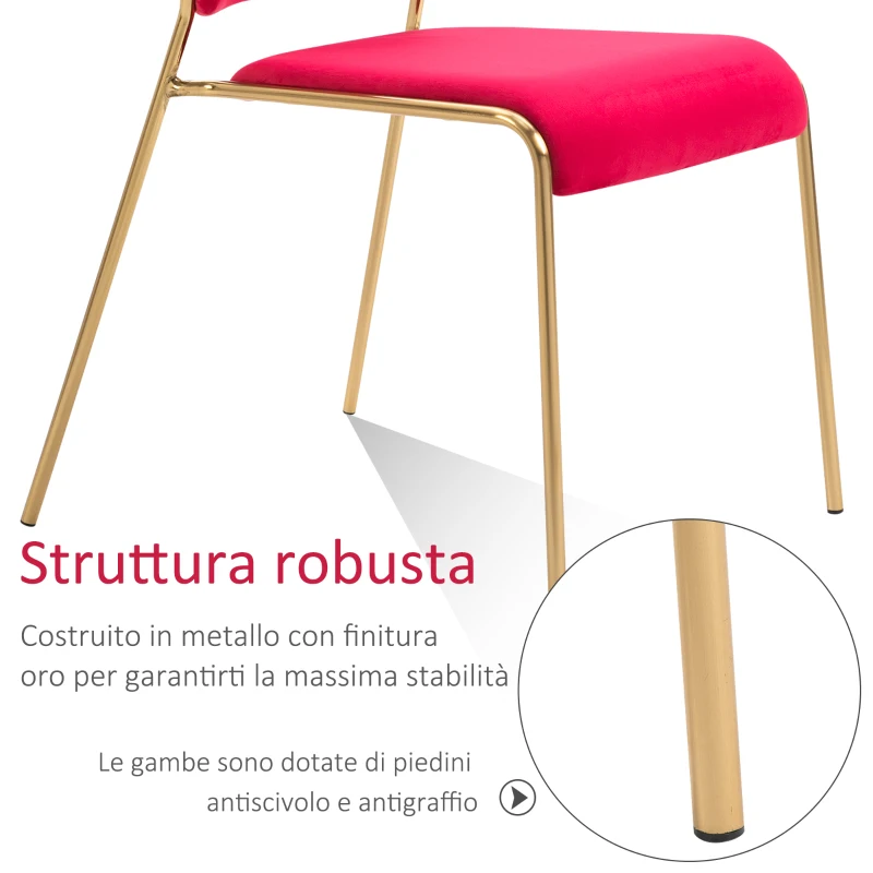 HOMCOM Set 4 Sedie di Design per Sala da Pranzo, Poltroncine Imbottite in Velluto Rosso e Gambe in Metallo Oro