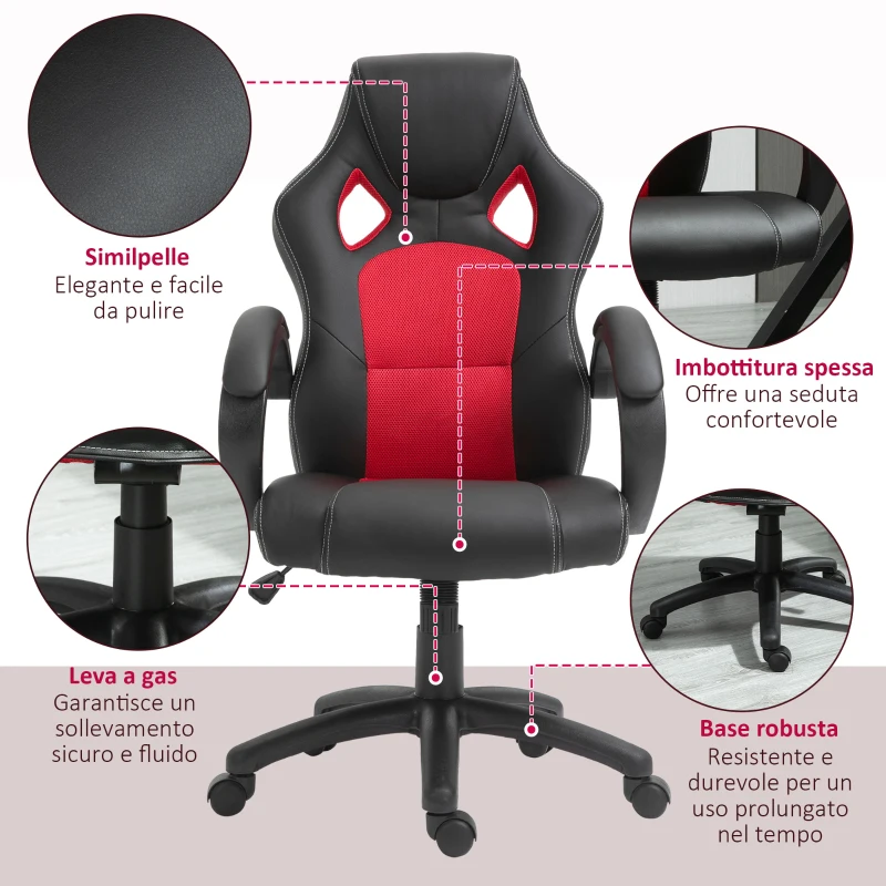 HomCom Sedia da Ufficio Stile Gaming, Rosso e Nero