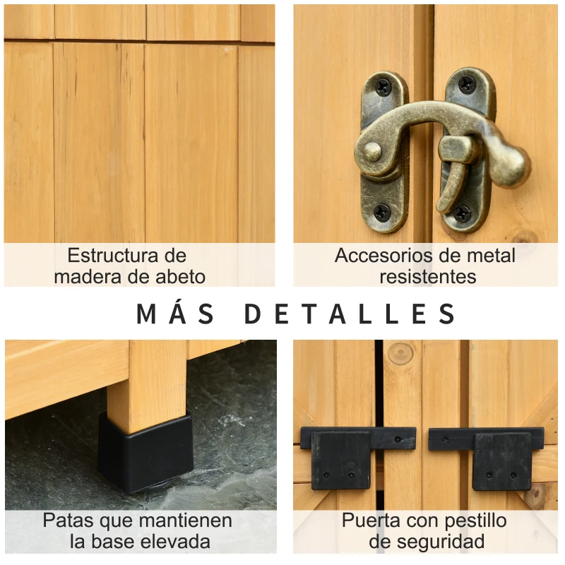 Outsunny Caseta de Jardín de Madera con 2 Puertas 138x54,5x175 cm Cobertizo de Almacenaje Herramientas Techo Asfáltico Estantes Ganchos para Exterior Madera Natural