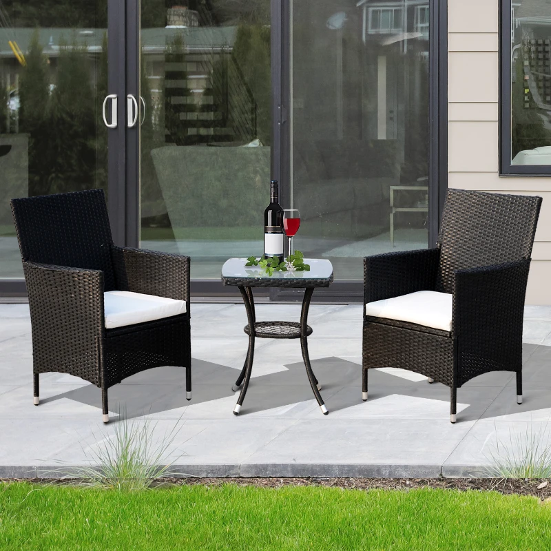 Outsunny Set Mobili da Giardino in Rattan, Tavolo con 2 Poltroncine con Cuscini, Nero
