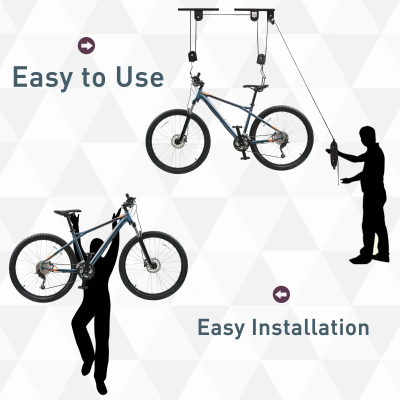 HOMCOM Supporto per Bici a Soffitto, Appendi Bicicletta a Parete con Puleggia e Ganci in Acciaio, Max. 20kg, Nero