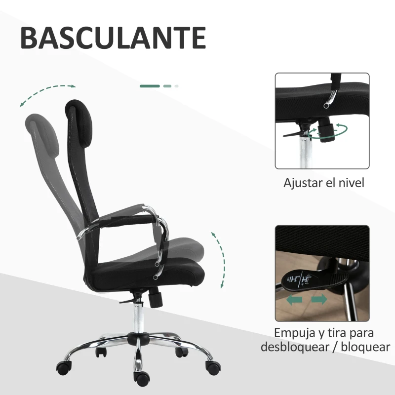 Vinsetto Silla de Oficina Ergonómica Silla de Escritorio Basculante y Giratoria con Altura Ajustable del Asiento con Reposacabezas y Respaldo Alto Malla 65,5x62,5x117-127 cm Negro