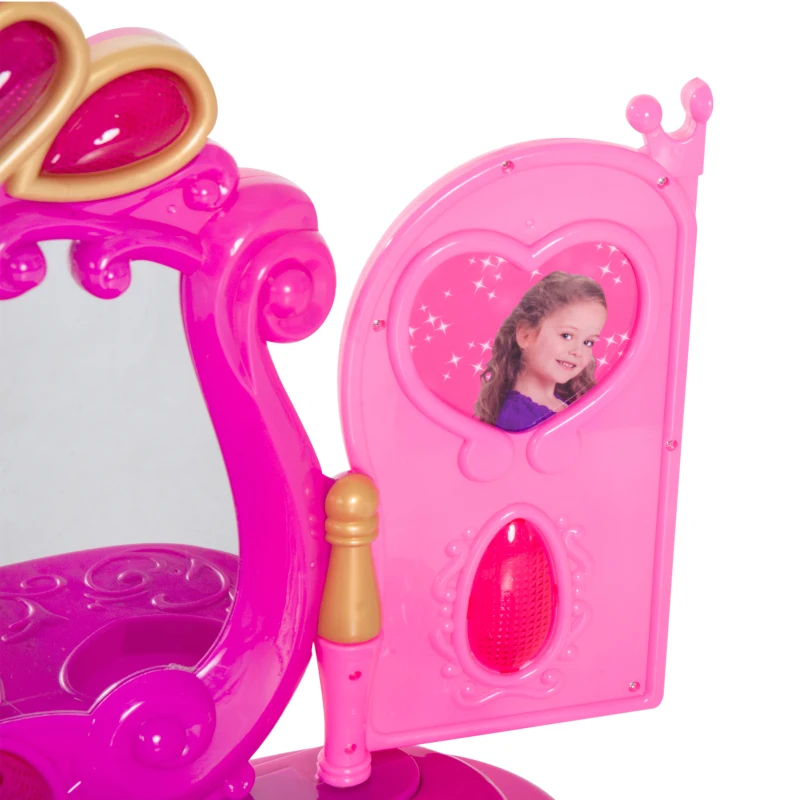 HOMCOM Tavolo da Trucco con Sgabello Specchiera per Bambina con Luci e Musica 43.5x31.5x72.5cm Rosa