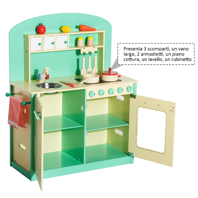 HOMCOM Cucina Giocattolo per Bambini con Accessori in Legno 70x30x88cm