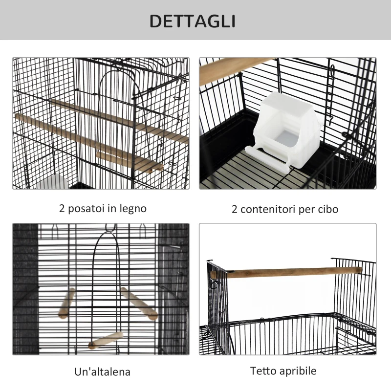 PawHut Voliera Gabbia per Uccelli da Interno Esterno Tetto Apribile con Posatoio 2 Contenitori per Alimenti in Metallo 41.5x29.5x56.5cm