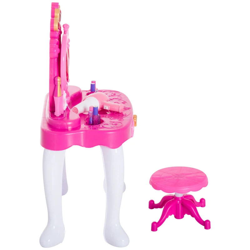 HOMCOM Tavolo da Trucco con Sgabello Specchiera per Bambina con Luci e Musica 43.5x31.5x72.5cm Rosa